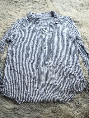 Men's Blue and White Striped Button Shirt
